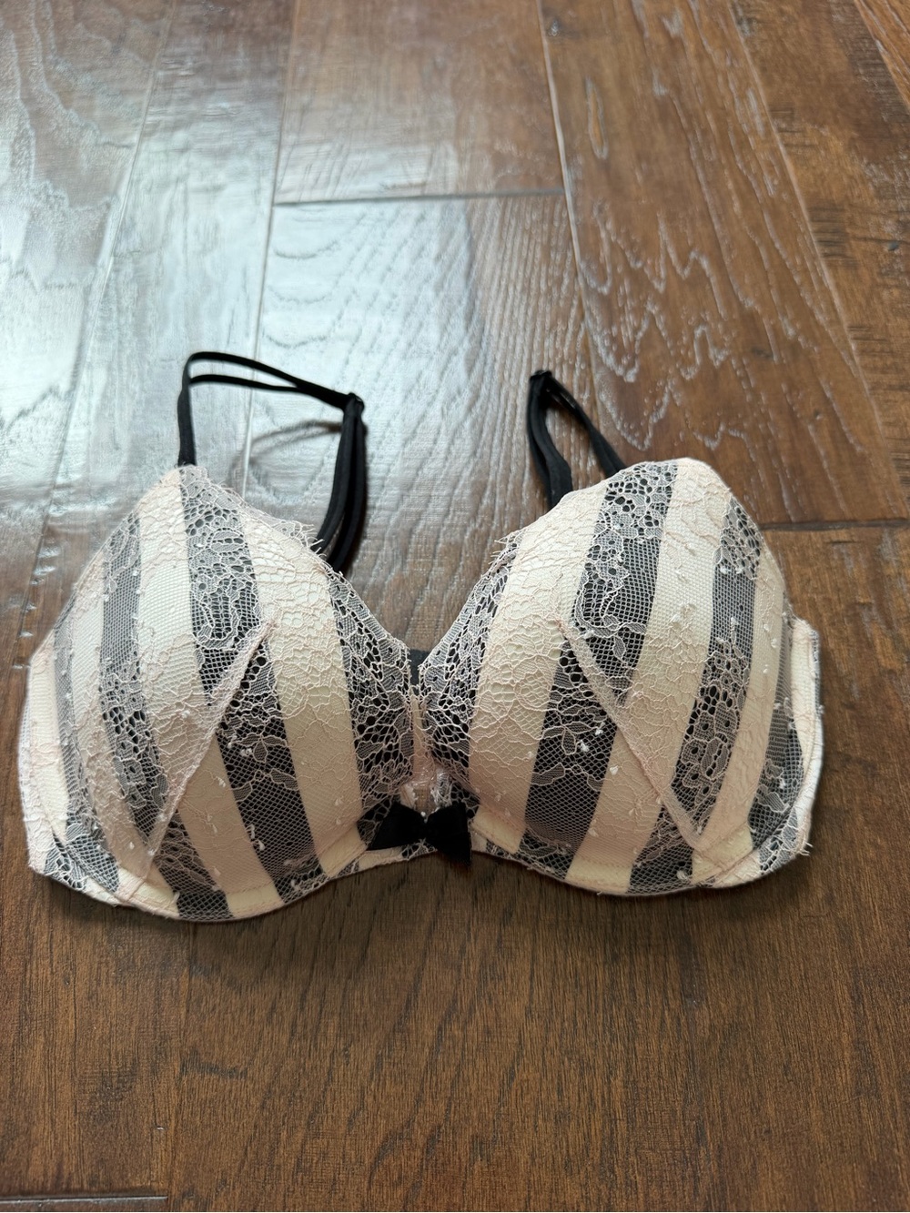 Victoria's Secret Striped Lace Padded Bra - Black & Cream